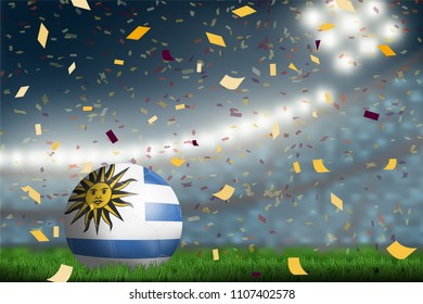 Uruguay soccer ball on field in soccer stadium to celebrate for football match result with spot light background. Design for banner, poster of nation championship template in vector illustration