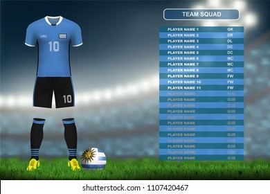 Uruguay soccer jersey kit with team squad board on soccer stadium and crowd fan with spot light backdrop on night time. Concept for south America football result background in vector illustrative