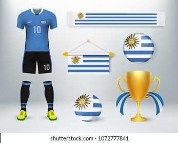 Uruguay soccer set collection. Concept design of soccer elements with uniform,exchange flag,soccer ball,cheering scarf and trophy cup with flag in vector illustration