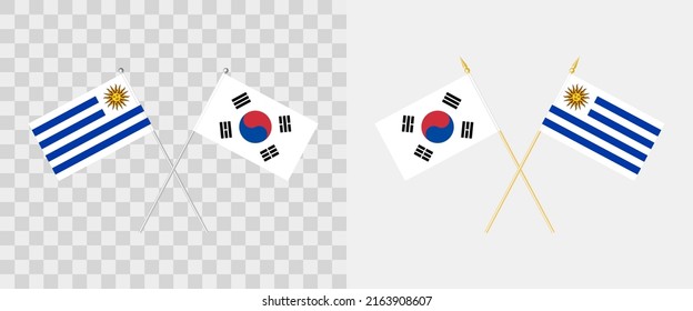 Uruguay and South Corea crossed flags. Pennon angle 28 degrees. Options with different shapes and colors of flagpoles - silver and gold. Example of flags on transparent background. Vector illustration