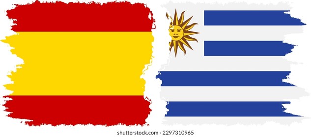 Uruguay and Spain grunge flags connection, vector