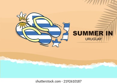 Uruguay summer holiday vector banner, beach vacation concept, flip flops sunglasses starfish on sand, copy space area, Uruguay summer travel and tourism idea with flag