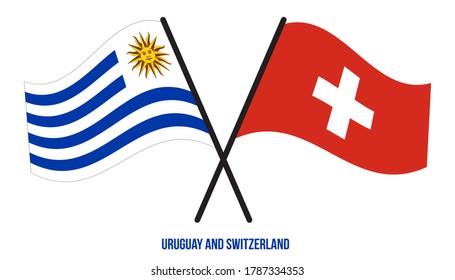 Uruguay and Switzerland Flags Crossed And Waving Flat Style. Official Proportion. Correct Colors.
