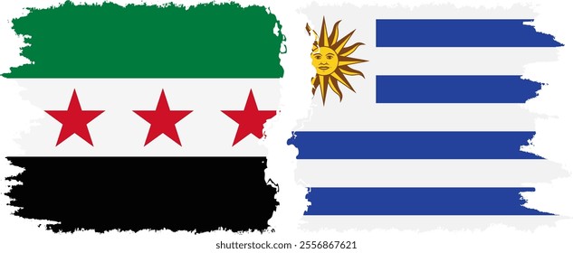 Uruguay and Syrian Revolution grunge flags connection, vector