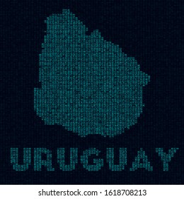 Uruguay tech map. Country symbol in digital style. Cyber map of Uruguay with country name. Radiant vector illustration.