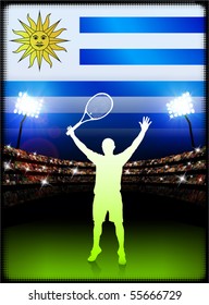 Uruguay Tennis Player on Stadium Background with Flag Original Illustration