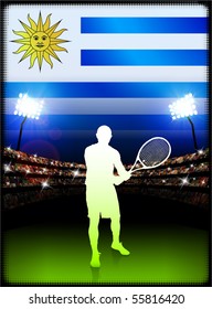 Uruguay Tennis Player on Stadium Background with Flag Original Illustration