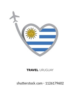 Uruguay travel concept. Heart shape flag with airplane
