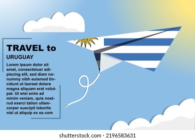 Uruguay travel vector banner with paper flag and text space, Uruguay country flag on paper plane, holiday and vacation concept, summer travel template and pattern, flight ticket idea