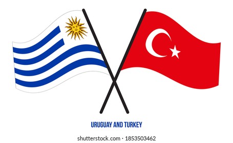Uruguay und die Türkei Flaggen überquert und schwingen flach Stil. Offizieller Anteil. Korrigieren Sie Farben.