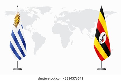 Uruguay and Uganda flags for official meeting against background of world map.