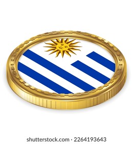 Uruguay (UY) National Flag Round Icon 2.5D Isometric Projection View Gold Coin Isolated on White Background