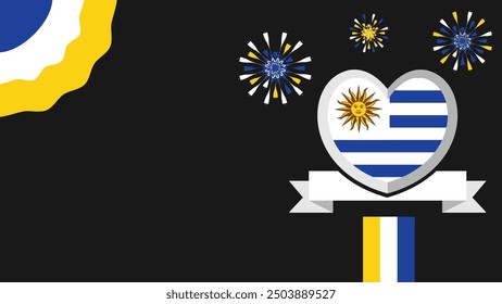 Uruguay vector banner design illustration with flag colors, geometric shapes and typography. fireworks and ribbon elements.