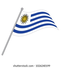 Uruguay vector flag template. Waving flag of Uruguay on a metallic pole, isolated on a white background.