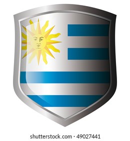 Uruguay vector illustration flag on metal shiny shield. Collection of flags on shield against white background. Isolated object.