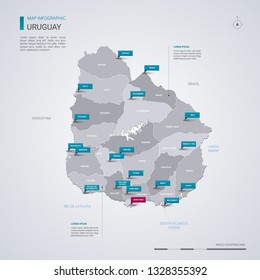 Uruguay vector map with infographic elements, pointer marks. Editable template with regions, cities and capital Montevideo. 