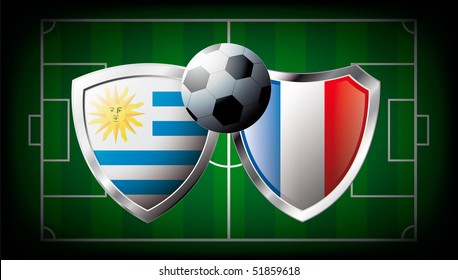 Uruguay versus France abstract vector illustration isolated on white background. Soccer match in South Africa 2010. Shiny football shield of flag Uruguay versus France