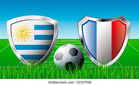 Uruguay versus France abstract vector illustration isolated on white background.  Shiny football shield of flag Uruguay versus France
