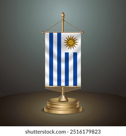 Bandeira de mesa vertical do Uruguai com polo dourado no fundo de gradiente escuro, Modelo banner vetor Ilustração