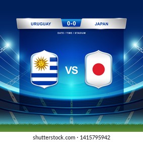 Uruguay vs Japan scoreboard broadcast template for sport soccer south america's tournament 2019 group C and football championship vector illustration