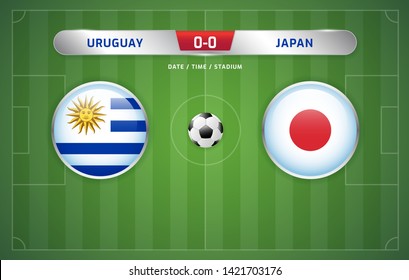 Uruguay vs Japan scoreboard broadcast template for sport soccer south america's tournament 2019 group C and football championship vector illustration