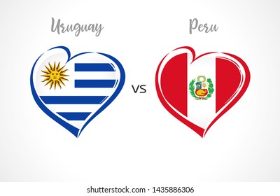 Uruguay vs Peru, national team soccer flags on white background. Uruguayan and Peruvian flag in heart, logo vector. Football championship