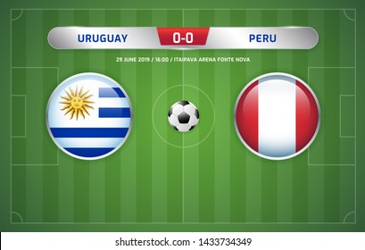 Uruguay vs Peru scoreboard broadcast template for sport soccer south america's tournament round quarterfinals and football championship. vector illustration.