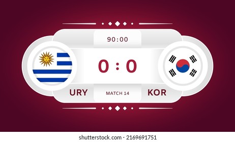 Uruguay Vs South Korea Match. Football 2022. World Football Championship Competition Infographic. Group Stage. Group H. Poster, Announcement, Game Score. Scoreboard Template. Vector Illustration