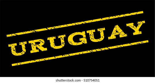 Uruguay watermark stamp. Text caption between parallel lines with grunge design style. Rubber seal stamp with unclean texture. Vector yellow color ink imprint on a blue background.