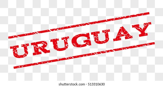 Uruguay watermark stamp. Text caption between parallel lines with grunge design style. Rubber seal stamp with dirty texture. Vector red color ink imprint on a chess transparent background.