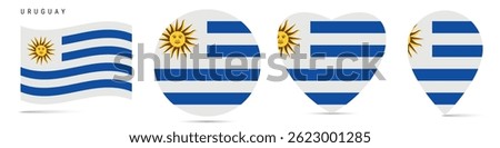 Uruguay waving flag, round circle sticker badge, heart shaped icon, map pin. Uruguayan flag buttons of different shapes. Vector illustration isolated on white.