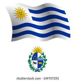 uruguay wavy flag and coat of arm against white background, vector art illustration, image contains transparency