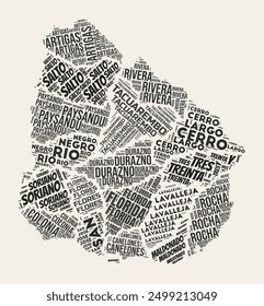 Uruguay Word Cloud. Country with regions division. Uruguay typographic text clouds vector image design. Vintage gazette style country shape image. Trending vector illustration.