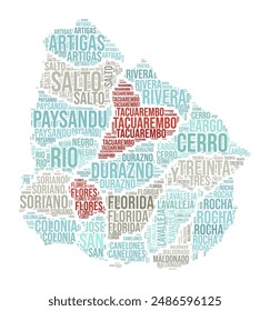 Uruguay Word Cloud. Country shape with region division. Uruguay typography style image. Region names tag clouds. Vector illustration.