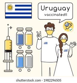 Uruguay : Young man and woman presenting vaccination for immunity health with national flag and vaccine choices : Vector Illustration