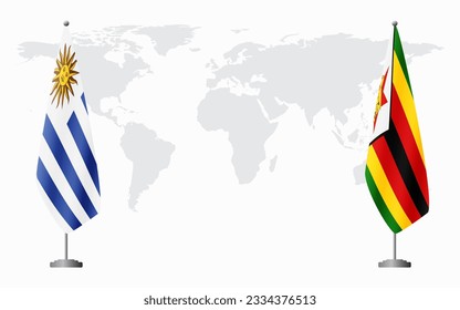 Uruguay and Zimbabwe flags for official meeting against background of world map.