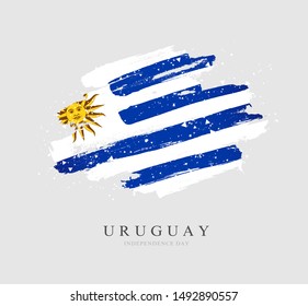 Uruguayan flag. Vector illustration on a gray background. Brush strokes are drawn by hand. Uruguay Independence Day.