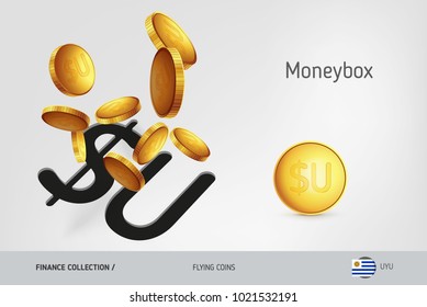 Uruguayan Peso money box with flying Uruguayan Peso coins, finance concept. Vector illustration for print, websites, web design, mobile app, infographics.