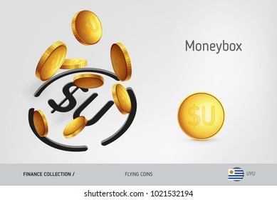 Uruguayan Peso money box with flying Uruguayan Peso coins, finance concept. Vector illustration for print, websites, web design, mobile app, infographics.