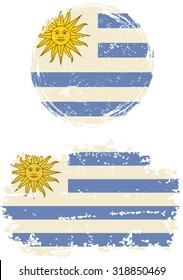 Uruguayan round and square grunge flags. Vector illustration. Grunge effect can be cleaned easily. 