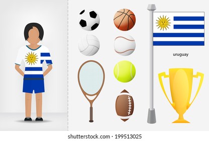 Uruguayan sportswoman with sport equipment collection vector illustrations