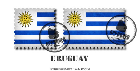 Uruguayan or uruguay flag pattern postage stamp with grunge old scratch texture and affix a seal on isolated background . Black color country name with abrasion . Square and rectangle shape . Vector .