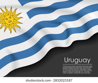 Uruguayan waving flag template with a dark background and text placeholder for national day or travel concept. Vector illustration.