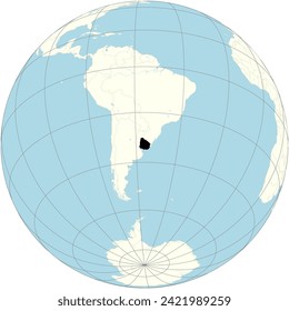 Uruguay's map at the center of the orthographic world projection, has progressive society and scenic beauty in South America.