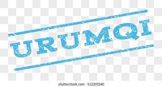 Urumqi watermark stamp. Text caption between parallel lines with grunge design style. Rubber seal stamp with scratched texture. Vector light blue color ink imprint on a chess transparent background.