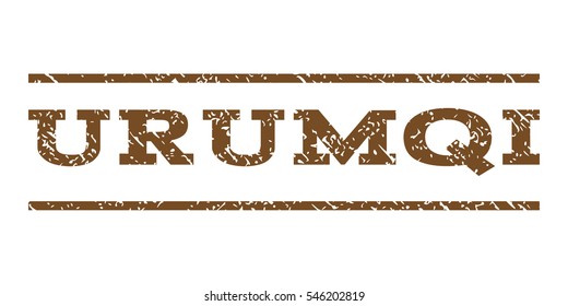 Urumqi watermark stamp. Text caption between horizontal parallel lines with grunge design style. Rubber seal stamp with dust texture. Vector brown color ink imprint on a white background.