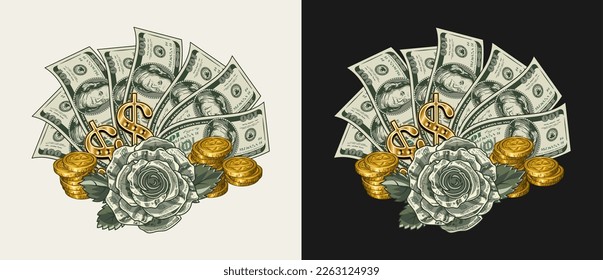 US 100 dollar bills fan with stacks of gold coins, dollar sign, rose made of paper dollar notes. Cash money. Concept of success and lucky investment. Illustration on black, white background.