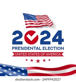 US 2024 presidential election background. USA presidential election 2024 banner with waving american flags, vote symbol. Vote day, November 5. Vector illustration for US Election 2024 campaign.