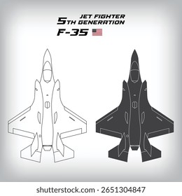 US 5th generation fighter jet F-35. Linear and flat drawing design