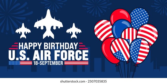 US Air Force birthday background or banner design template with usa flag balloon and usa airplane. Holiday concept. Template for background, banner, card, poster, placard, design template